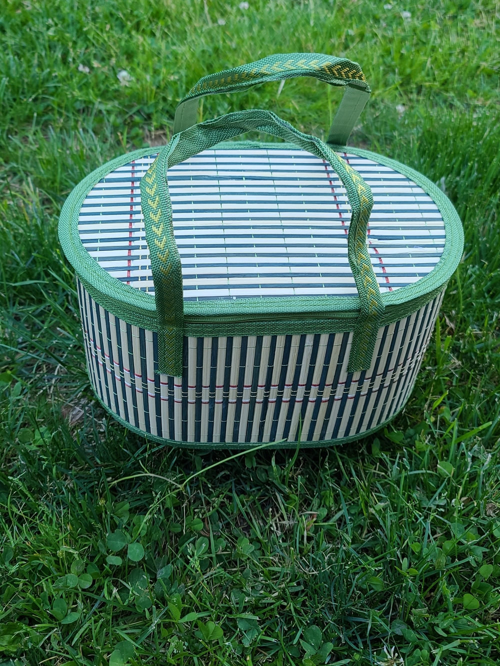 Woven Picnic Tote with Green Trim